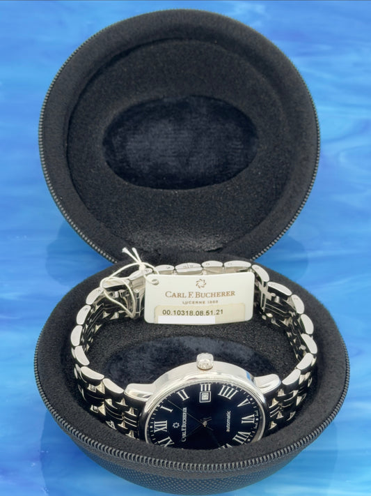 UNWORN w/ Tags Carl F. Bucherer Adamavi 40mm Blue Dial Steel bracelet 00.10318.08.51.21 ~ Watch Only & PLT Travel Case