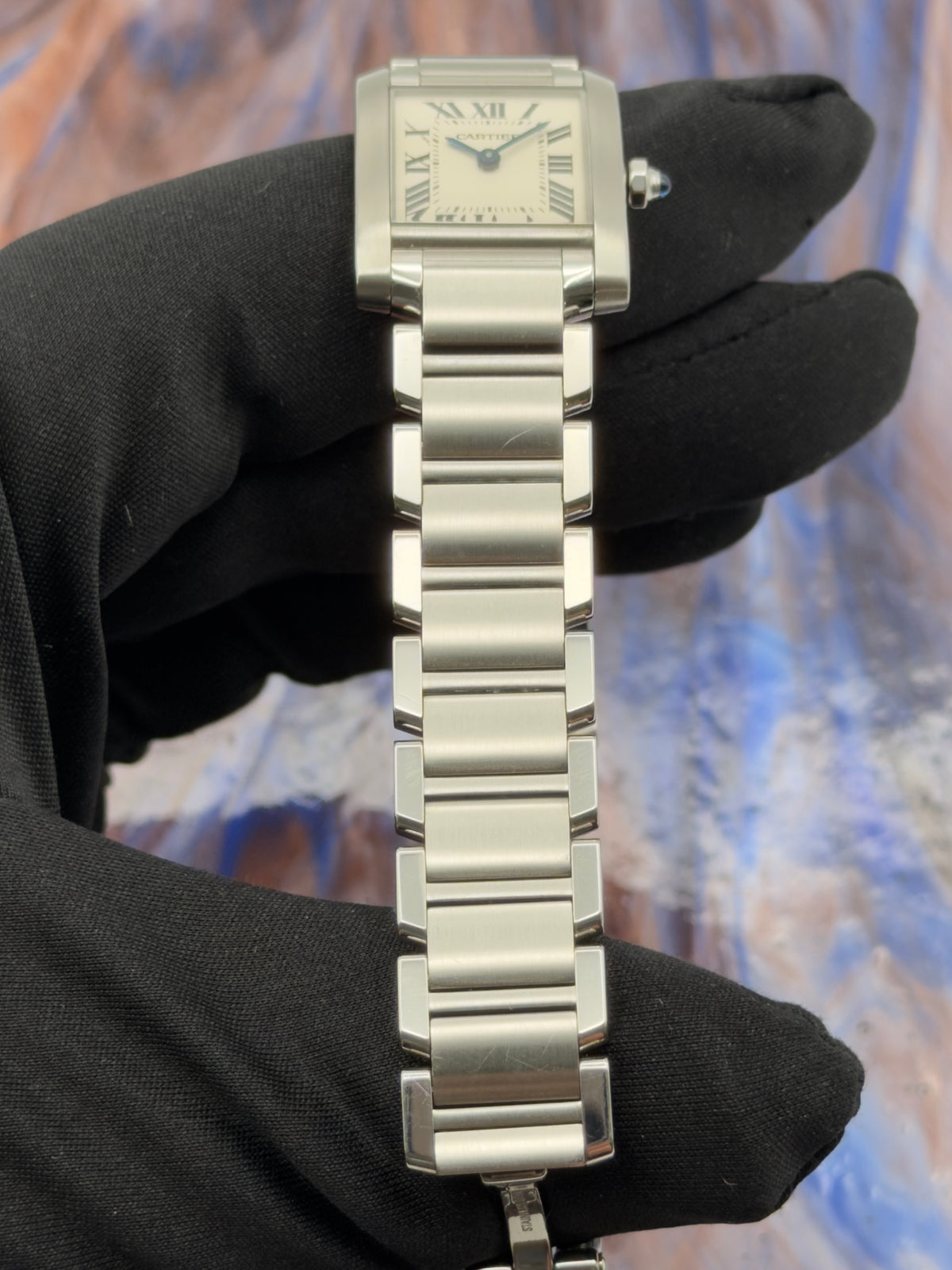 Cartier Tank Francaise Small 20x25mm White Roman Dial Steel Bracelet W51008Q3 w/ NEW Red Cartier Box