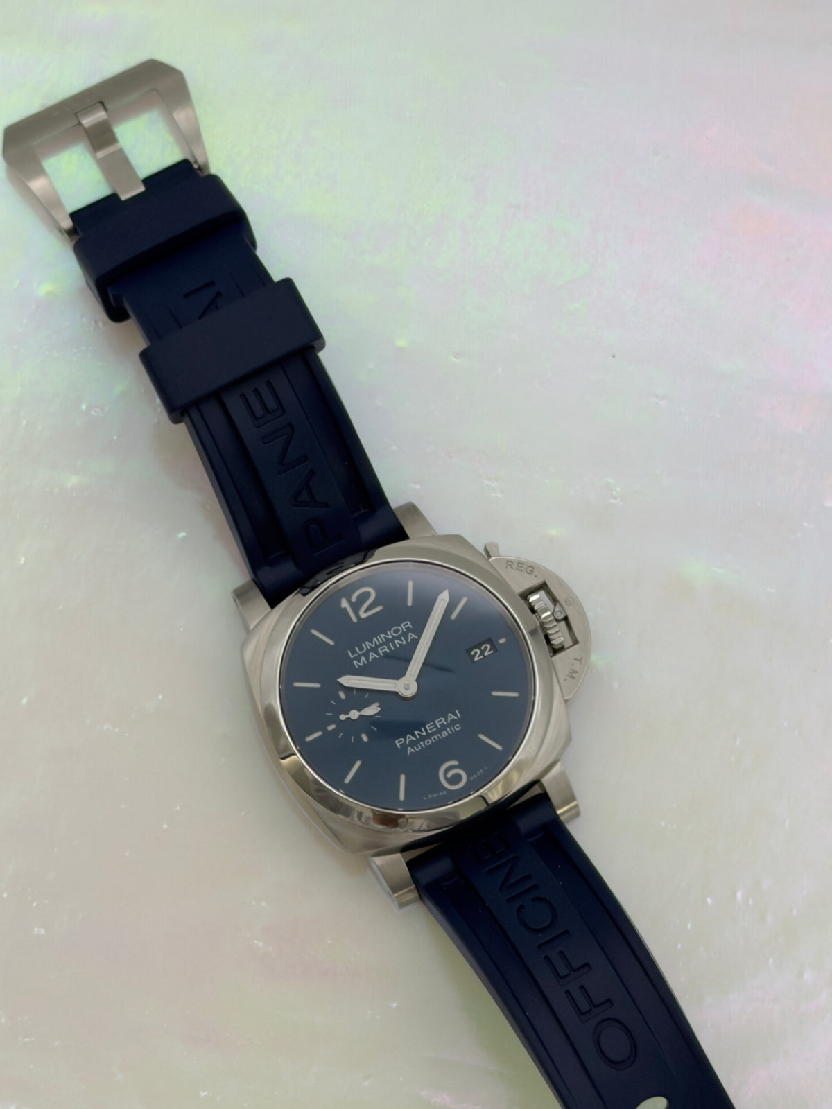 2020 Panerai Luminor Marina 42mm Blue Dial on Blue Rubber Strap PAM01393 ~ B&P