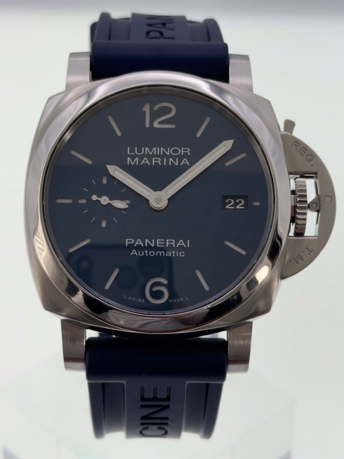 2020 Panerai Luminor Marina 42mm Blue Dial on Blue Rubber Strap PAM01393 ~ B&P