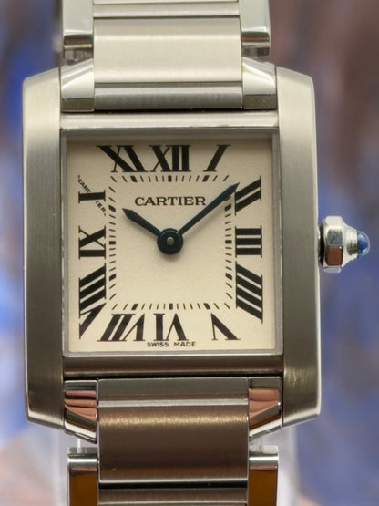 Cartier Tank Francaise Small 20x25mm White Roman Dial Steel Bracelet W51008Q3 w/ NEW Red Cartier Box