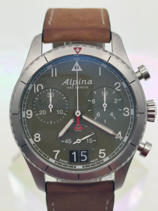 Alpina Pilot Chronograph Big Date Quartz 41mm Green Dial Brown leather strap AL-372GR4S26 ~ Watch & Box Only