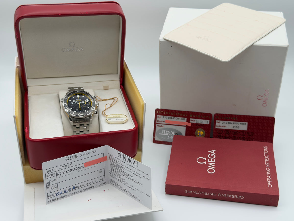 2013 Omega Seamaster Diver 300M Chronograph 44mm Black Dial w/ yellow accent 212.30.44.50.01.002 - Complete Set