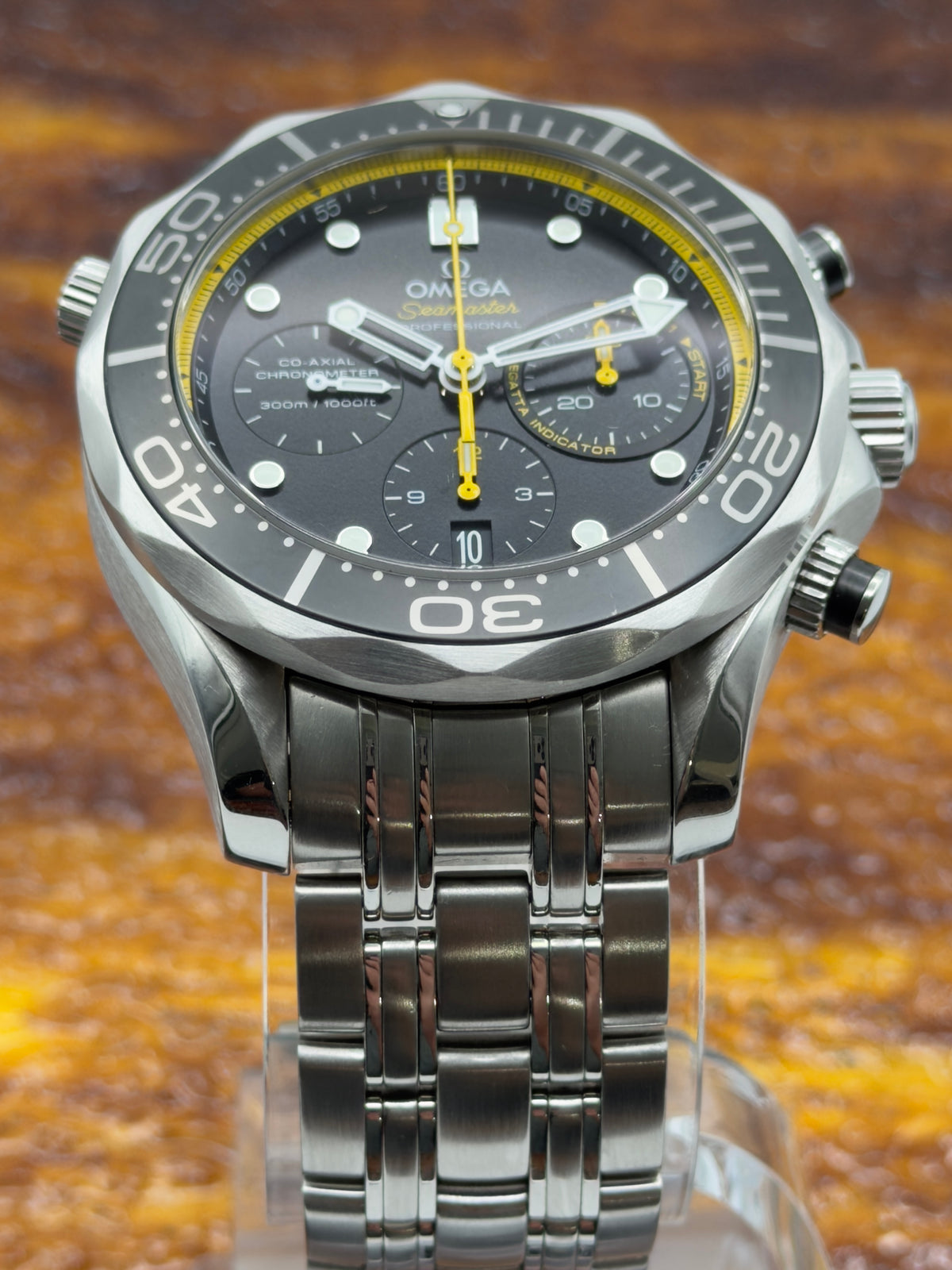 2013 Omega Seamaster Diver 300M Chronograph 44mm Black Dial w/ yellow accent 212.30.44.50.01.002 - Complete Set