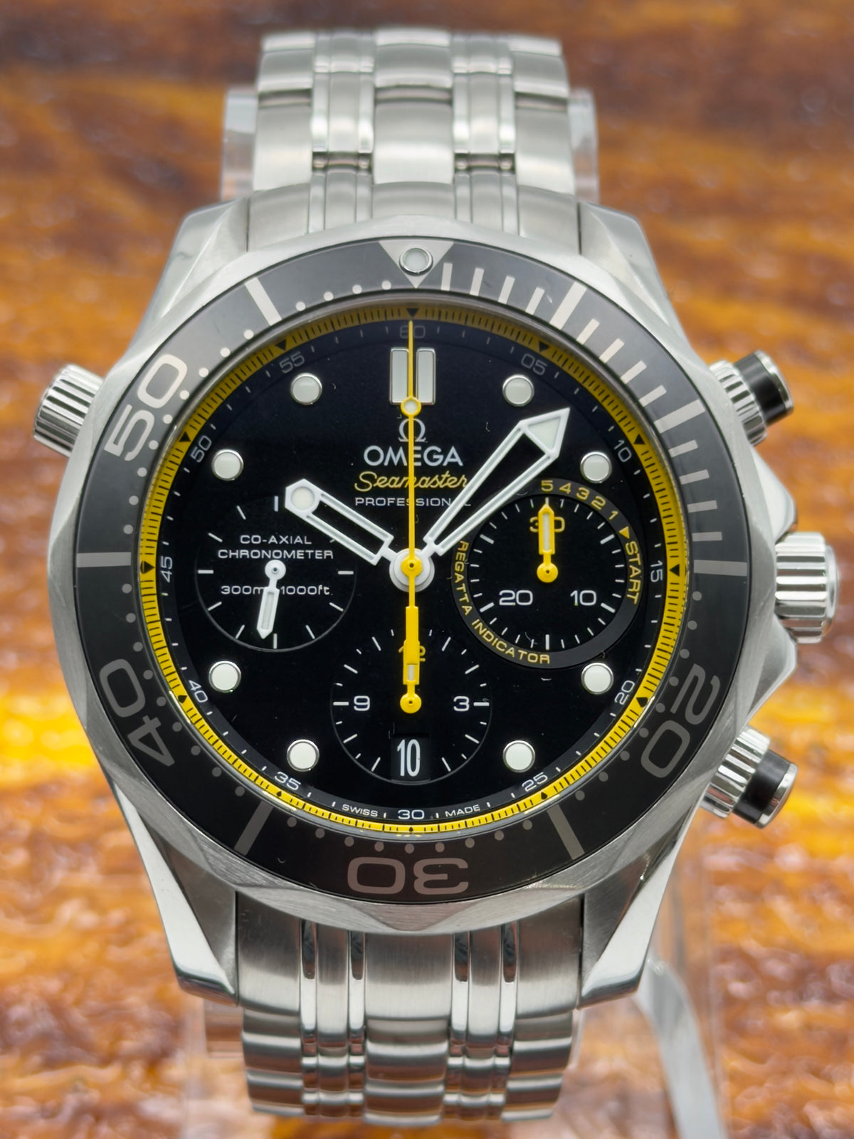 2013 Omega Seamaster Diver 300M Chronograph 44mm Black Dial w/ yellow accent 212.30.44.50.01.002 - Complete Set