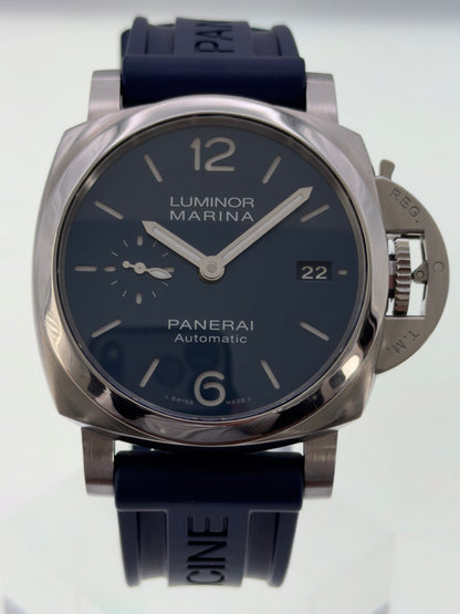 2020 Panerai Luminor Marina 42mm Blue Dial on Blue Rubber Strap PAM01393 ~ B&P