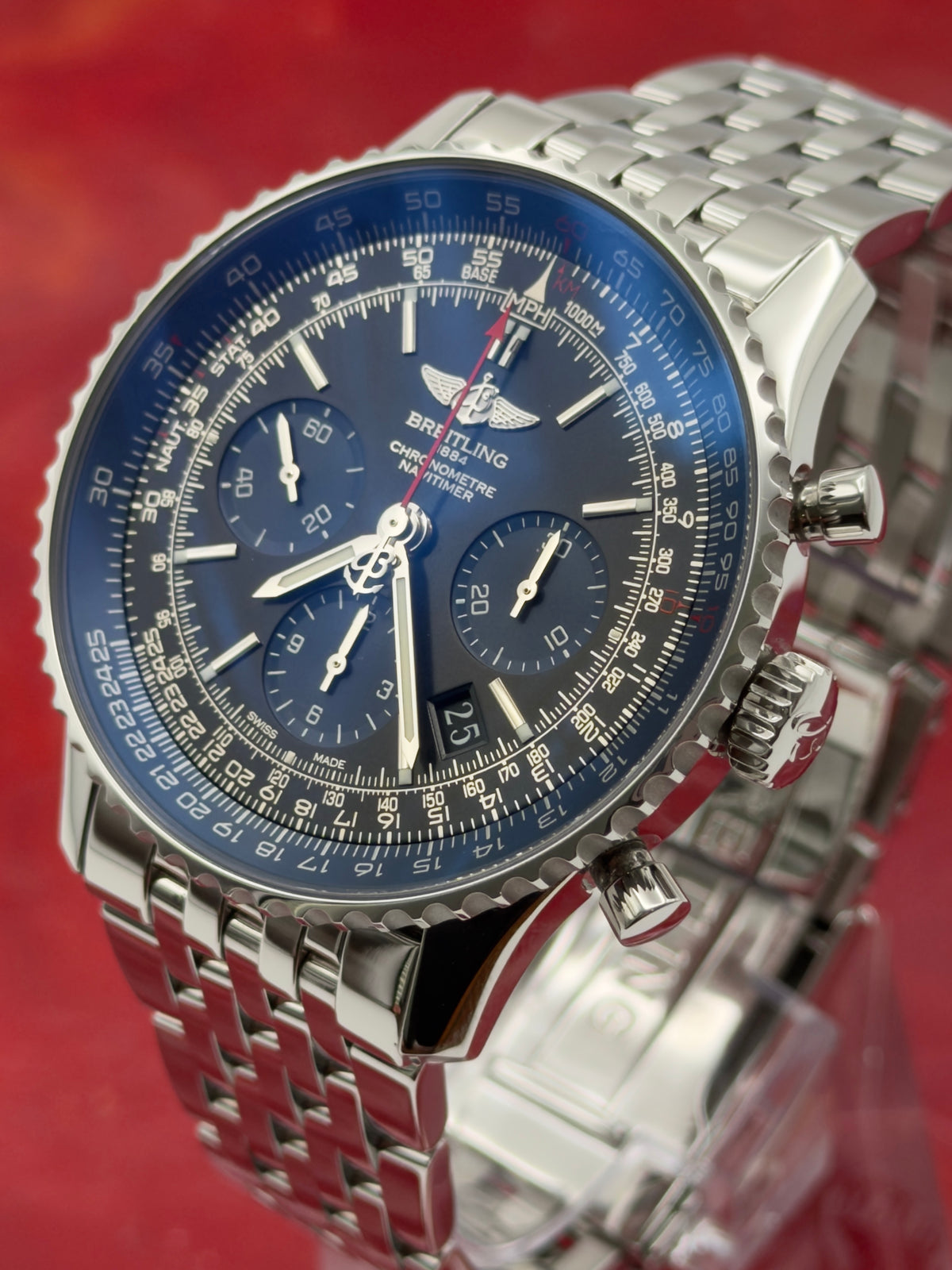 2015 Breitling Navitimer 01 Blue Edition Limited 316/1k 42.5mm Black Dial Blue Sub Dials Steel Bracelet AB012116/BE09 ~ Complete Set