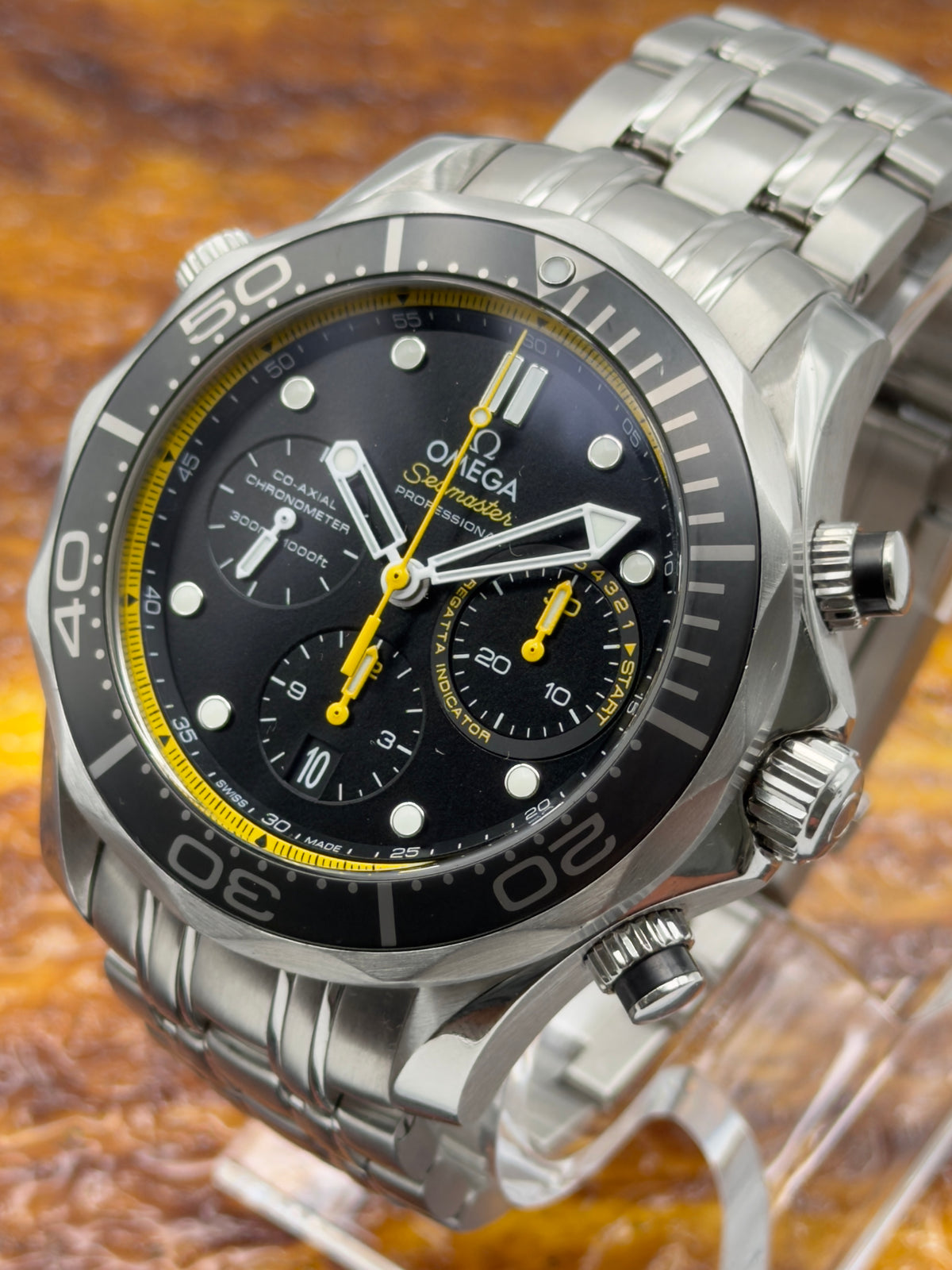 2013 Omega Seamaster Diver 300M Chronograph 44mm Black Dial w/ yellow accent 212.30.44.50.01.002 - Complete Set