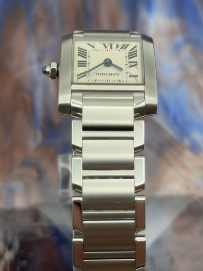 Cartier Tank Francaise Small 20x25mm White Roman Dial Steel Bracelet W51008Q3 w/ NEW Red Cartier Box