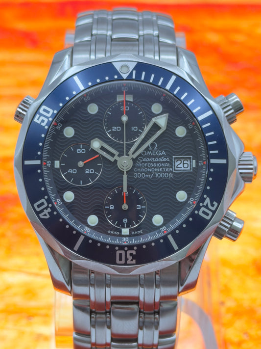 Omega Seamaster Diver 300M Chronograph 41.5mm Wave Blue Dial w/ orange accents w/ SS bracelet ~ Box & Ebay Card