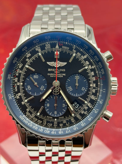 2015 Breitling Navitimer 01 Blue Edition Limited 316/1k 42.5mm Black Dial Blue Sub Dials Steel Bracelet AB012116/BE09 ~ Complete Set