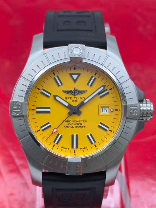 Breitling Avenger Seawolf Auto 45mm Yellow Dial on Black Rubber Strap A17319 w/ Box & User Manual