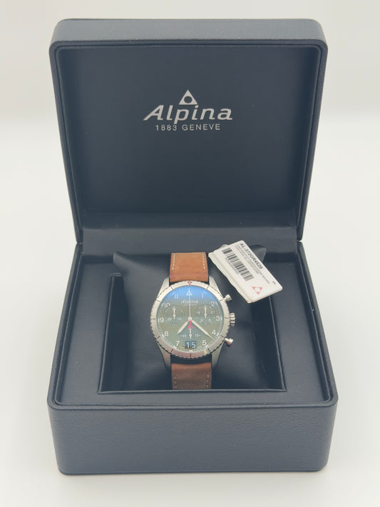 Alpina Pilot Chronograph Big Date Quartz 41mm Green Dial Brown leather strap AL-372GR4S26 ~ Watch & Box Only
