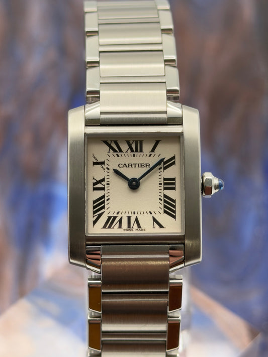 Cartier Tank Francaise Small 20x25mm White Roman Dial Steel Bracelet W51008Q3 w/ NEW Red Cartier Box