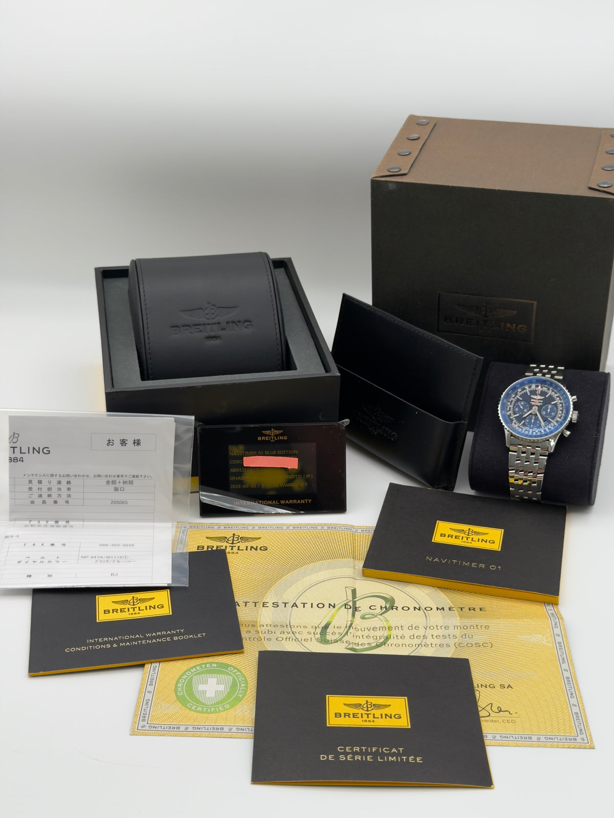 2015 Breitling Navitimer 01 Blue Edition Limited 316/1k 42.5mm Black Dial Blue Sub Dials Steel Bracelet AB012116/BE09 ~ Complete Set