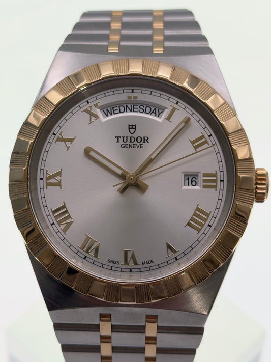 Tudor Royal Day-Date Two-Tone M28603-001 Silver Roman Dial 18k YG Bezel S&G Bracelet ~ Box & Manual/Joma Card
